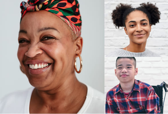 A collage featuring four individuals, including a woman in a wheelchair, showcasing diversity and inclusion in various settings.