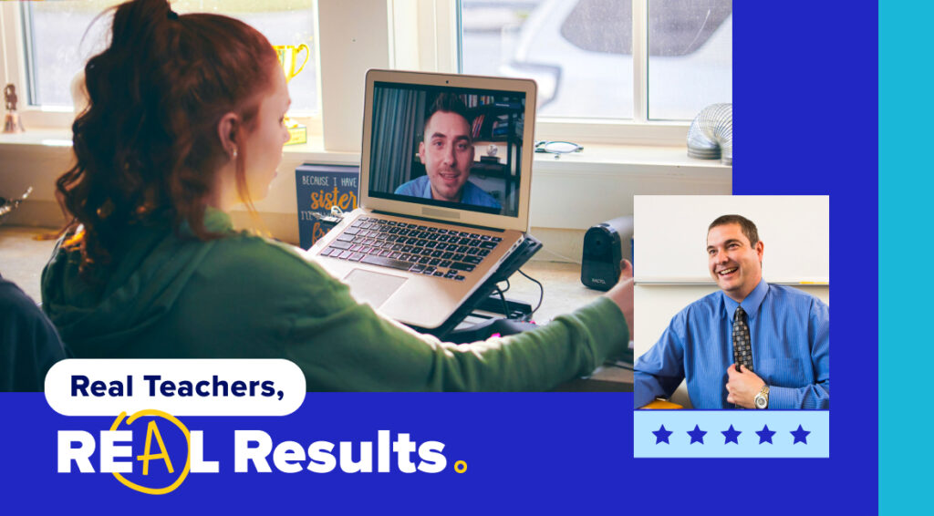 A man and woman seated at a desk, showcasing the phrase "Real Teachers, Real Results" prominently displayed.