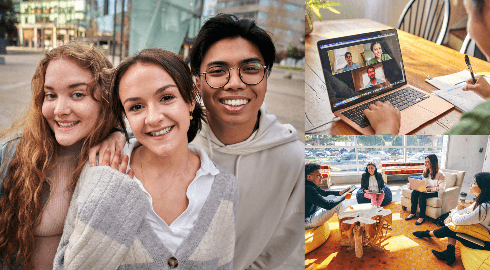 A collage depicting individuals seated at a table with a laptop, symbolizing teamwork and collective brainstorming efforts.