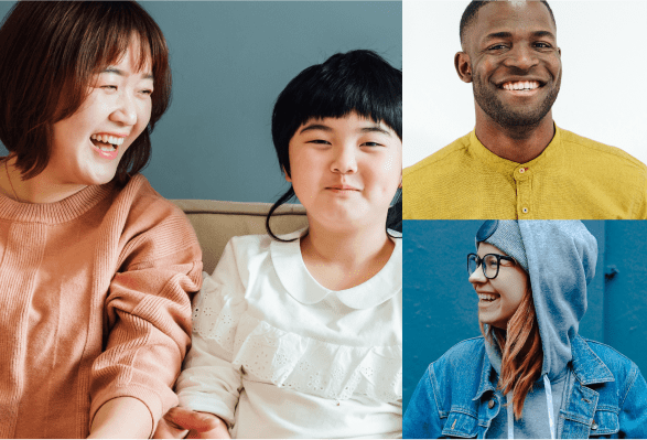 A vibrant collage showcasing diverse individuals smiling and laughing, capturing joy and connection among people.